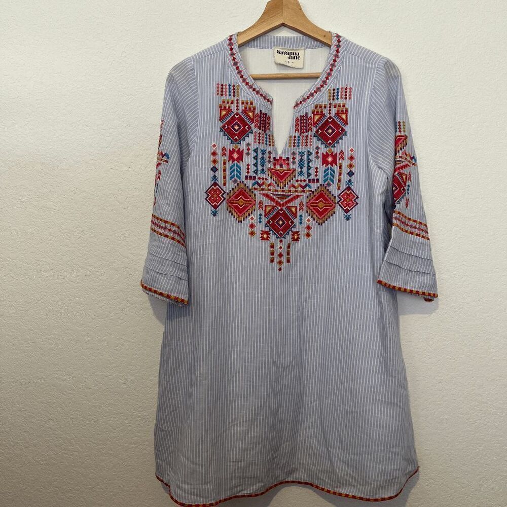 Savanna Jane Blue Striped Embroidered Short Sleeve Mini Dress Women's Size Small